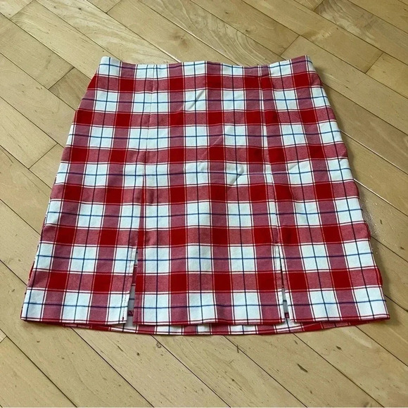 Urban Outfitters Plaid Mini Skirt Womens Small S Red Preppy Retro Stretch Slits - Picture 1 of 9